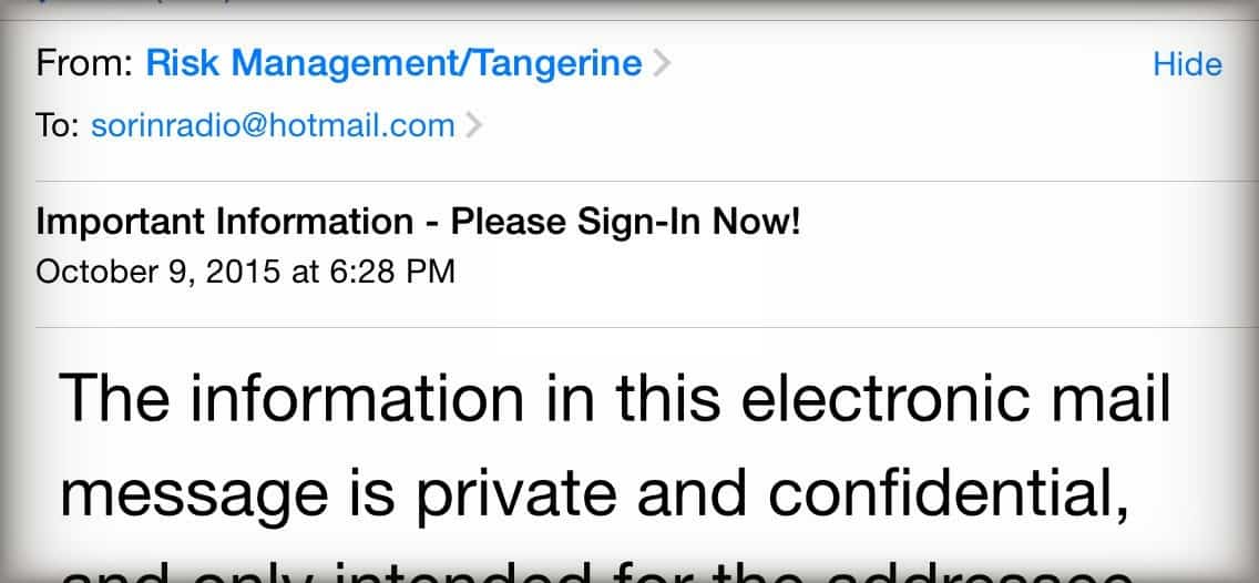 Tangerine Risk Management Fake EMail Scam Detector