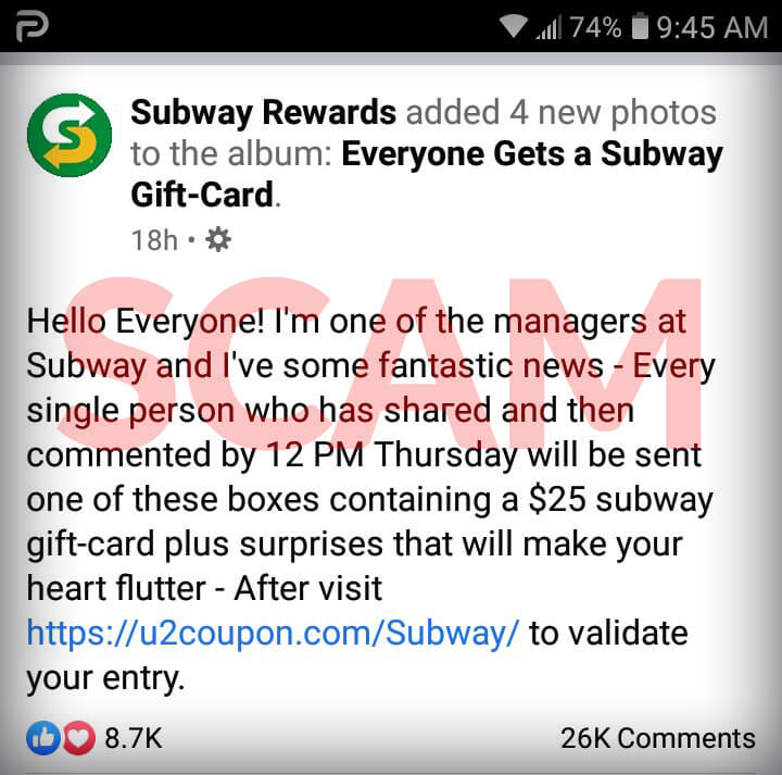 subway facebook scam