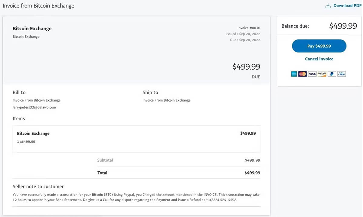 invoice from billing department of PayPal