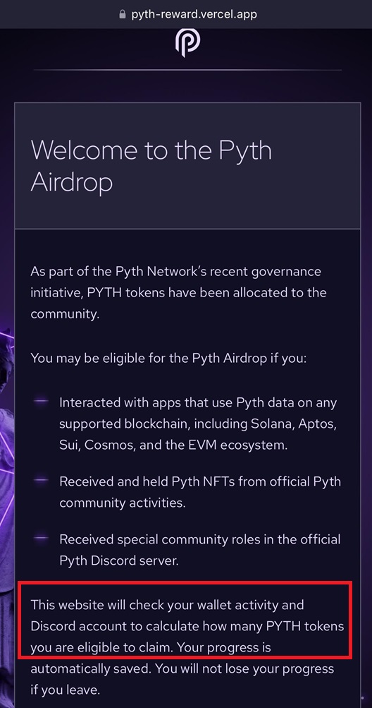 Pyth Airdrop NFT Eligibility Scam