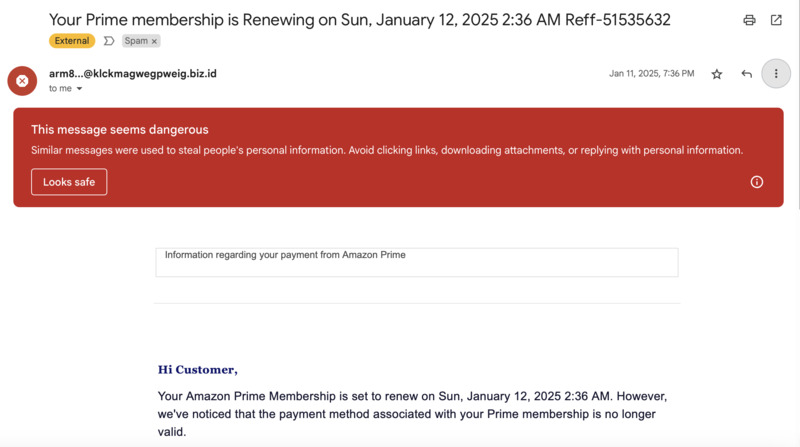 amazon prime membership scam spam email