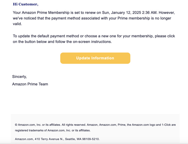 amazon prime membership scam emails